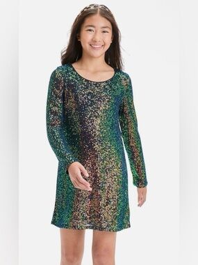 Art Class Sequin Dress XL 14 Multicolor Rainbow Party Dress Long Sleeve Sparkly